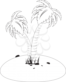 Small tropical island with palm trees, black contour on white background.