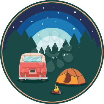 Forest near big mountain over night sky, summer camping themed illustration. 