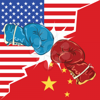 Retro boxing gloves red and blue, USA and China trade war concept.