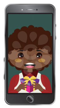 Cartoon afro american boy on smartphone screen, chatting online, distance technology concept.