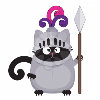 Cute cartoon black cat wears knight armor illustration.