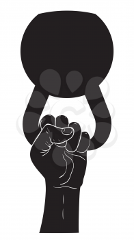 Human hand holding kettlebell, sports themed illustration.