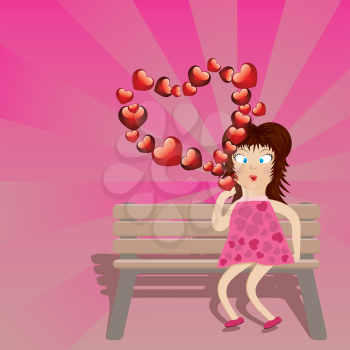 Cartoon girl in pink dress on bench with red heart shaped bubbles.