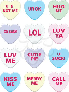 Valentines day lovely candies, colorful conversation hearts set.