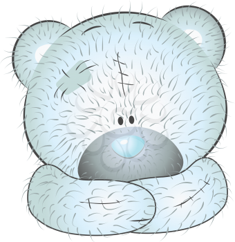 Cute cartoon blue teddy bear on white background.