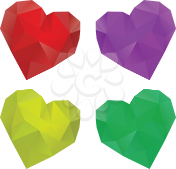 Set of colorful crystallized hearts on white background.