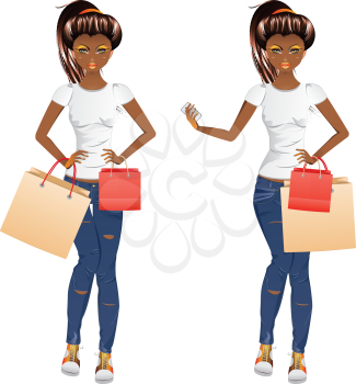 Fashion african american girl with shopping bags and cell phone.