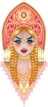 Fashion blonde girl with braids wears native russian headdress kokoshnik design.