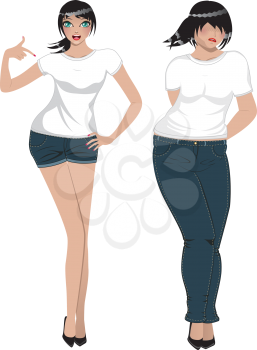 Fat and slim woman in white t-shirt and jeans.