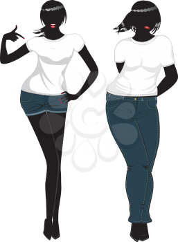 Silhouette illustration of a fat and slim woman figure in white t-shirt and jeans.
