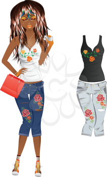 Fashion cartoon girl in jeans and tank top with floral embroidery.