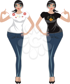 Fashion cartoon girl in jeans and tshirt with floral embroidery.