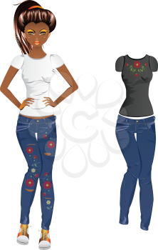 Fashion cartoon girl in jeans and tshirt with floral embroidery.