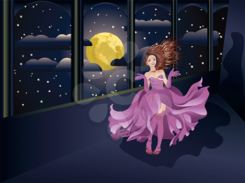 Fashion girl in flowing purple dress on balcony at night time.