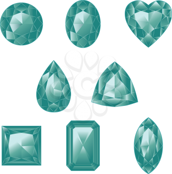 Precious gemstones, crystals of green color in different shapes collection.