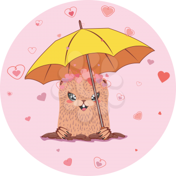 Cartoon kawaii groundhog with lovely hearts, valentines day greeting.