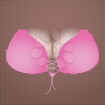 Female breast in pink bra retro halftone effect.