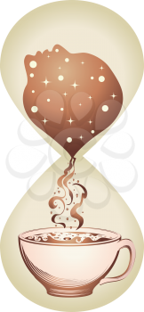 Vintage hourglass, cup of hot coffee and human head silhouette, awakeness concept.