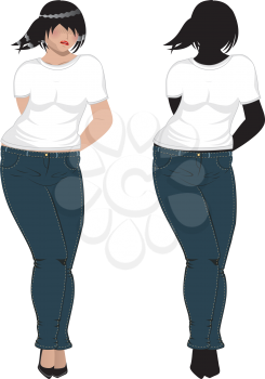 Illustration of a plump woman in jeans and white t-shirt.