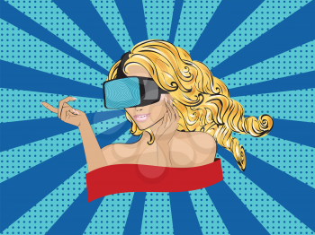 Fashion young woman with curly hair wears vr glasses, pop art style.