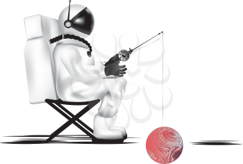 Fishing spaceman catches a small red planet illustration