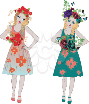Fashion spring and summer woman with decorative flowers.