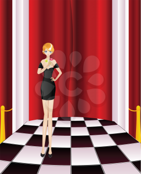 Woman on a stage with checkered floor and red curtain.