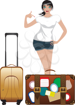 Traveling woman in white t-shirt and jeans with suitcase.