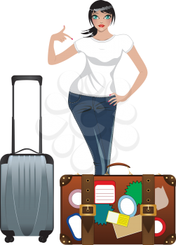 Traveling woman in white t-shirt and jeans with suitcase.