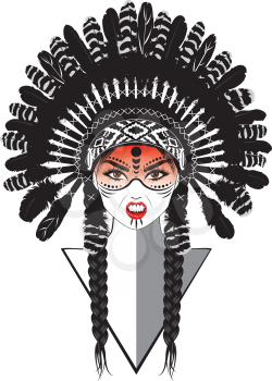 Native american woman wearing war bonnet, tribal portrait design.
