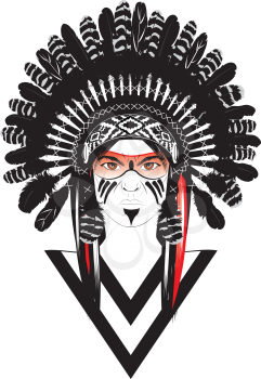 Native american man wearing war bonnet, tribal portrait design.