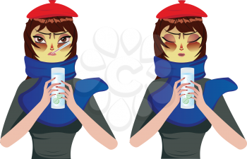 Cartoon woman in blue scarf suffering influenza and take some medicine.