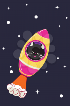 Cute cartoon black kitten fly in the rocket illustration.
