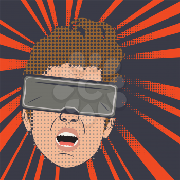 Frightened, shocked man in virtual reality glasses, retro pop art style with halftone.