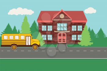 Rural school building and yellow bus illustration.