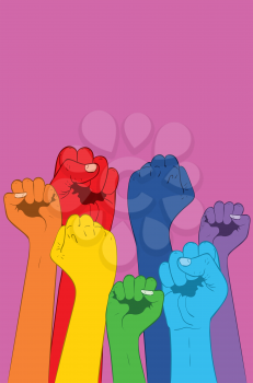 Seven raised up fists in rainbow colors illustration.