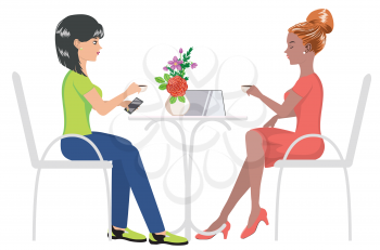 Freelancers, students or business women sitting on a chair and working on laptop in cafe or from home.