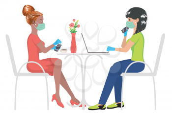Freelancers, students or business women in mask sitting on a chair and working on laptop in cafe or from home.
