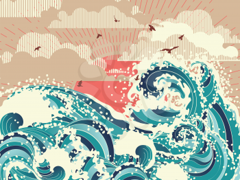Vintage style poster with sea or ocean waves and sun.