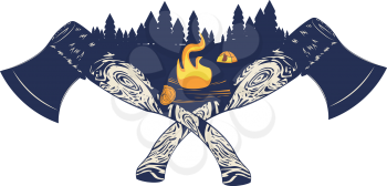 Grunge design of two crossed axes and campfire, retro style illustration.