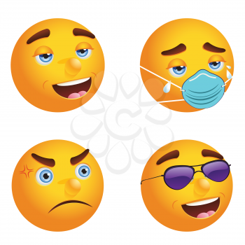 Different emoticons with face mask and without, expressional faces.