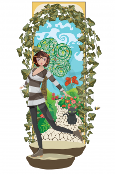 Cartoon girl stands near arch gate in the secret garden illustration.