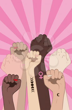 Abstract female hands with fist raised up, retro style illustration.