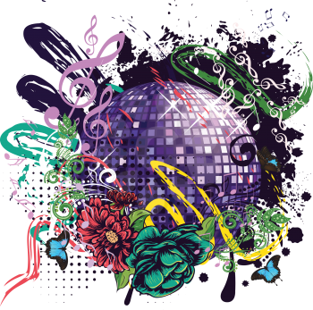 Grunge music design with purple disco ball and floral.