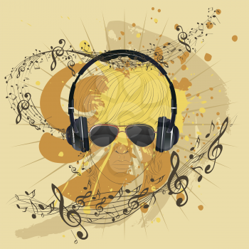 Dj line art, stylized portrait with headphones on grunge background.