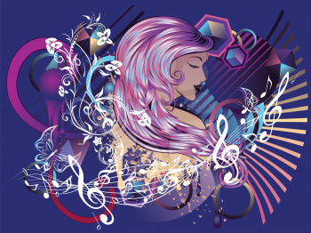 Modern decorative background with abstract girl portrait and music notes.
