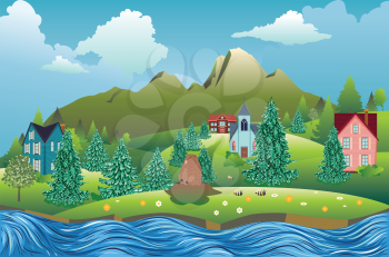 Rural spring landscape with houses, mountain and cute groundhog illustration.