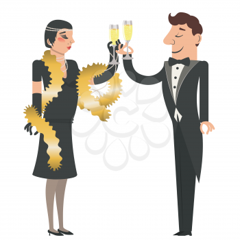 Cartoon couple wears vintage fashion clothes with glass of champagne illustration.