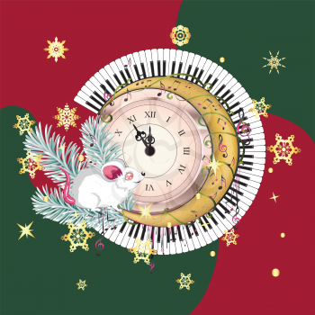 Cute cartoon white mouse or rat with retro clock, fir tree branches and music notes, New Years greeting design.