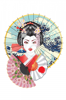 Portrait of japanese geisha woman with traditional fan design.